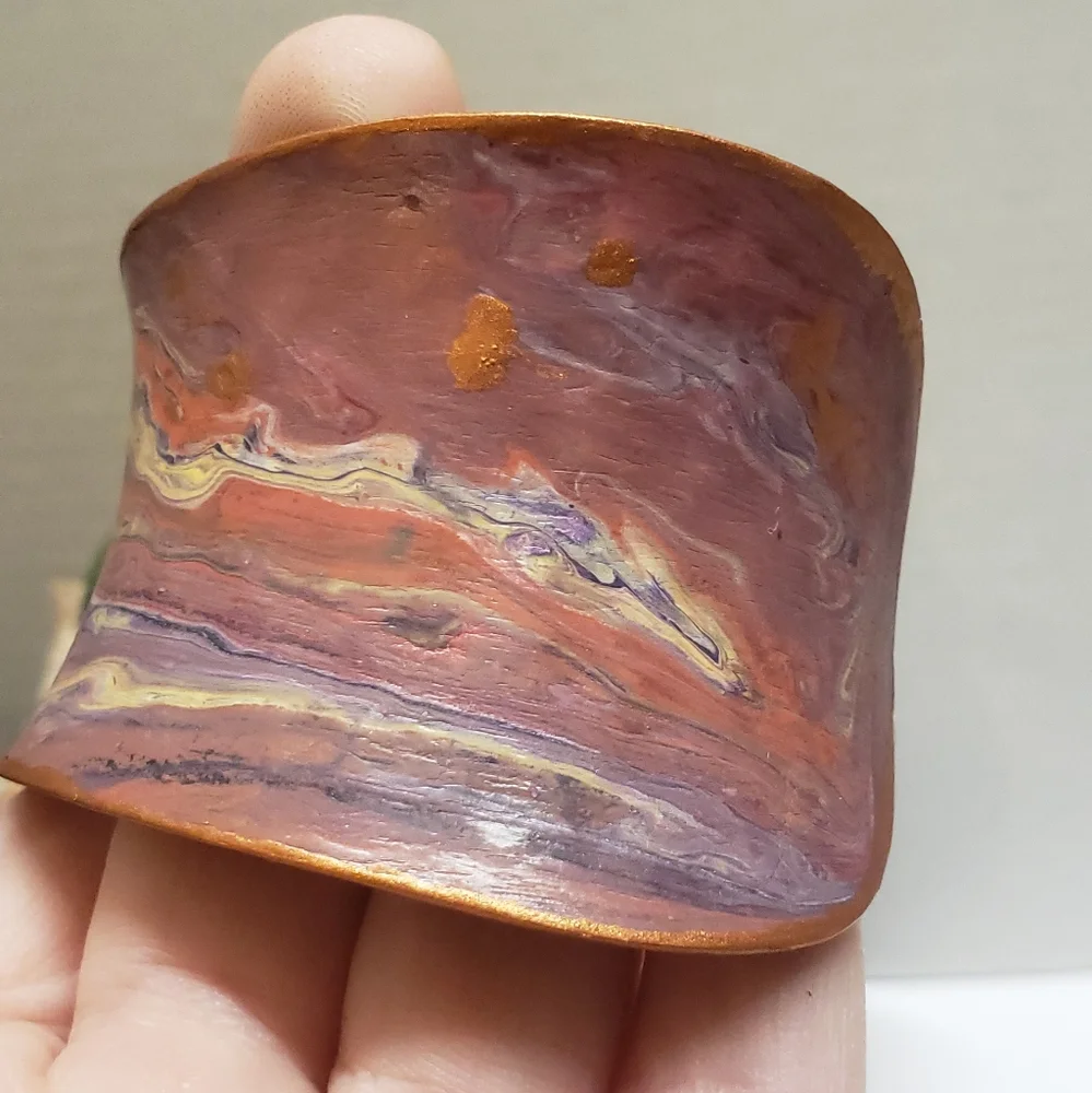 Hand Painted Acrylic Pour Pink Purple & Copper Metallic Swirl Cuff Bracelet